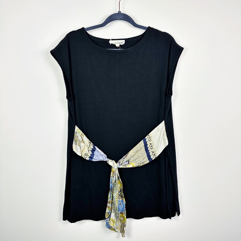 JOHNNY WAS CALME Womens Black Bamboo Cotton Tunic Top Silk Scarf‎ Belt Size M